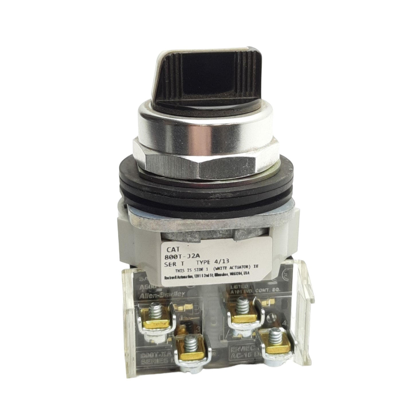 Used Allen Bradley 800T-J2A Selector Switch, 3-Position Knob, 30mm, 1 N.O.- 1 N.C.