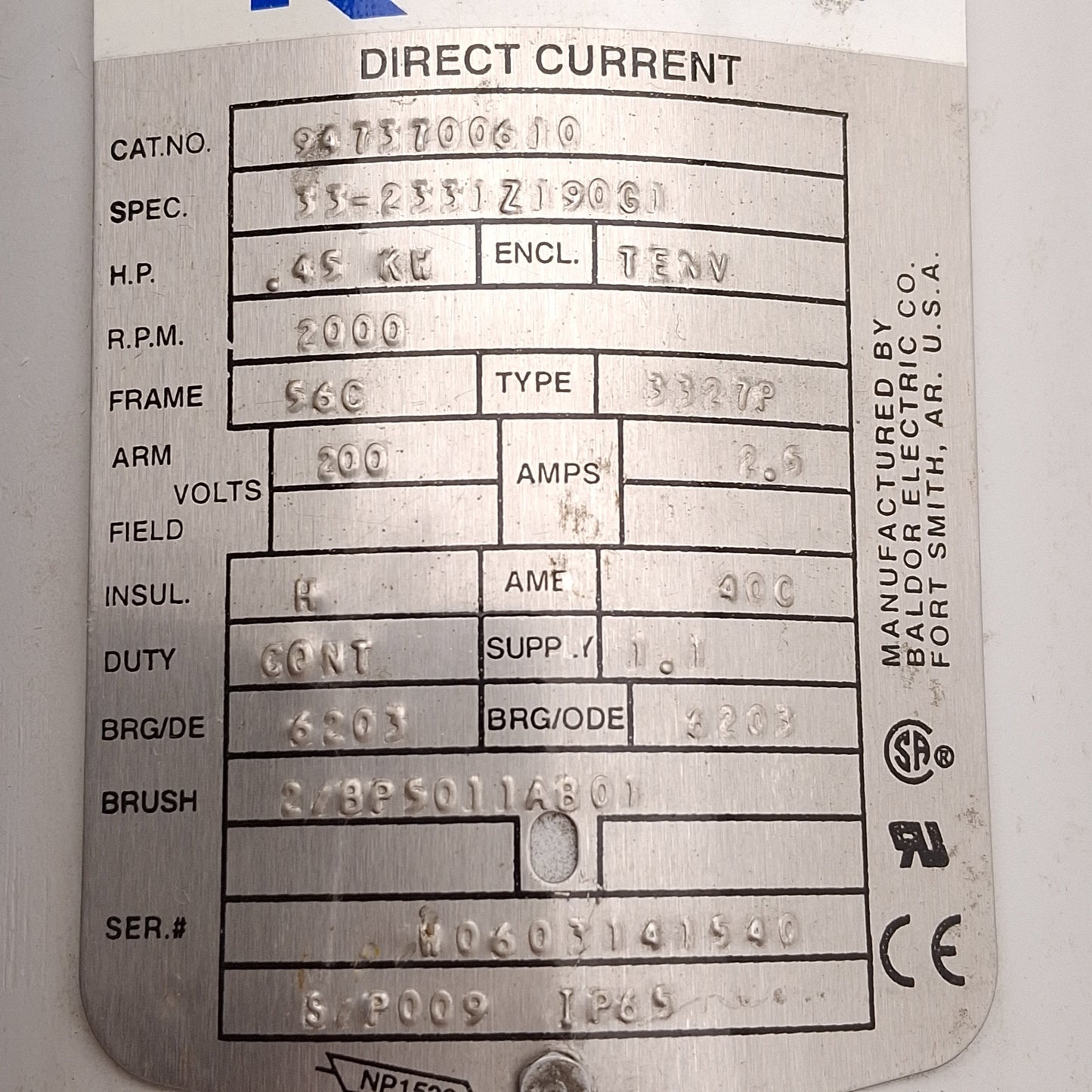 Used K-Tron 9473700610 DC Motor, 200VDC 2.5A 0.45kW, 2000RPM, ø5/8in Shaft, 56C Frame