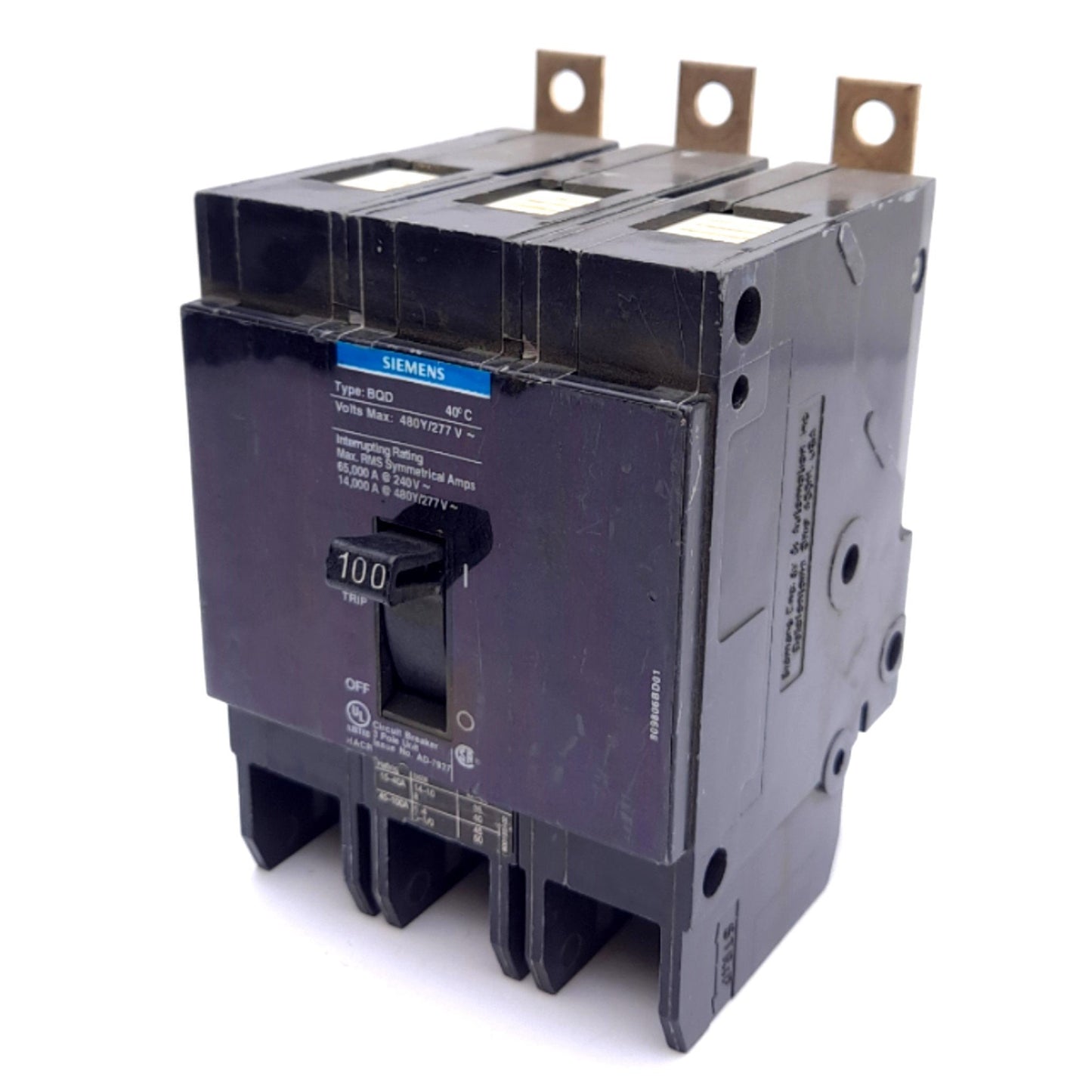 Used Siemens BQD3100 Circuit Breaker, 3-Pole 100A, 480Y/277VAC, Thermal Magnetic