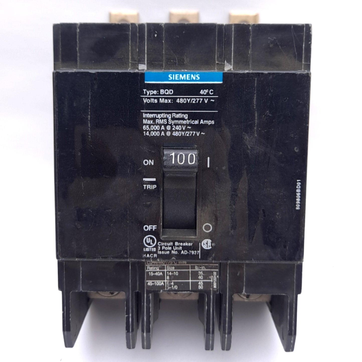 Used Siemens BQD3100 Circuit Breaker, 3-Pole 100A, 480Y/277VAC, Thermal Magnetic