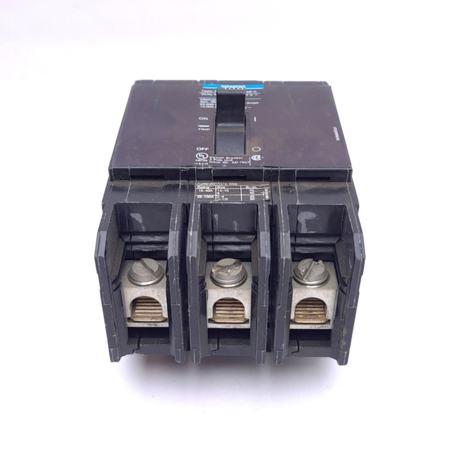 Used Siemens BQD3100 Circuit Breaker, 3-Pole 100A, 480Y/277VAC, Thermal Magnetic