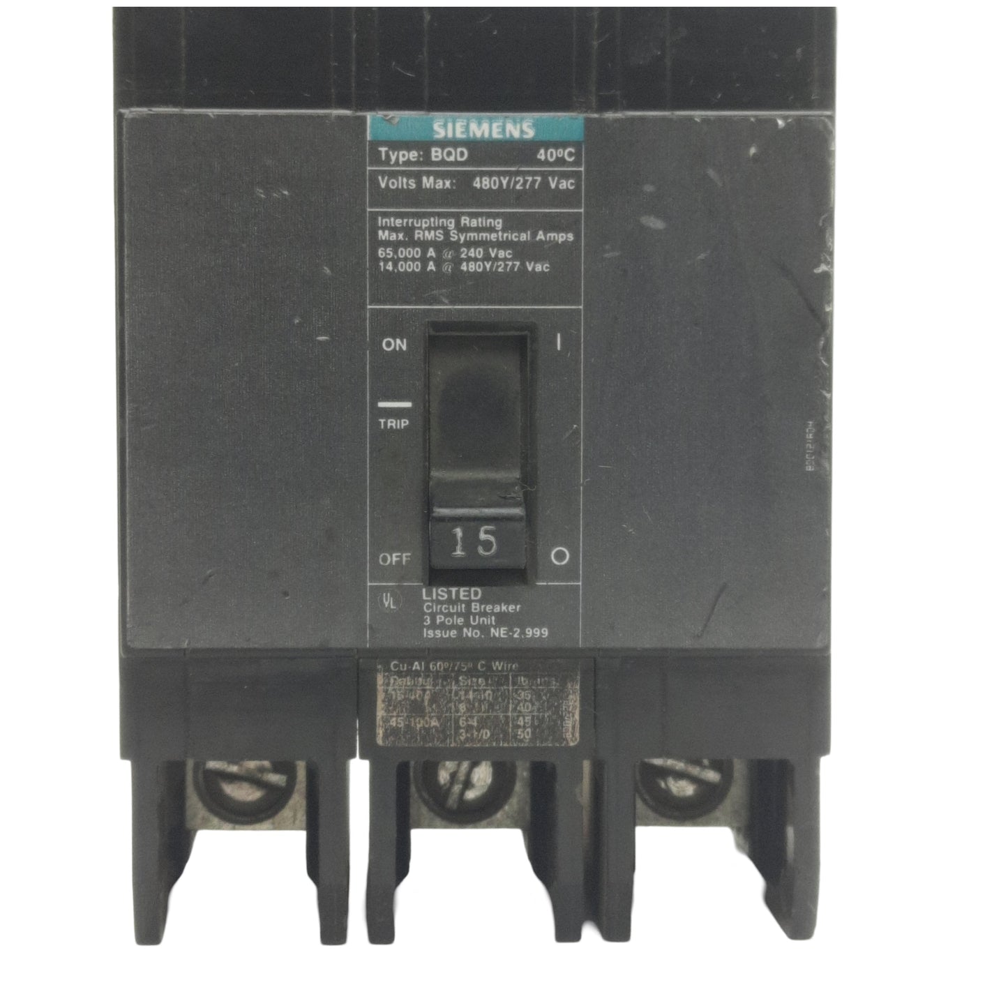 Used Siemens BQD315 Circuit Breaker, 3 Pole, 15 Amp, 480V, Bolt On, Molded Case