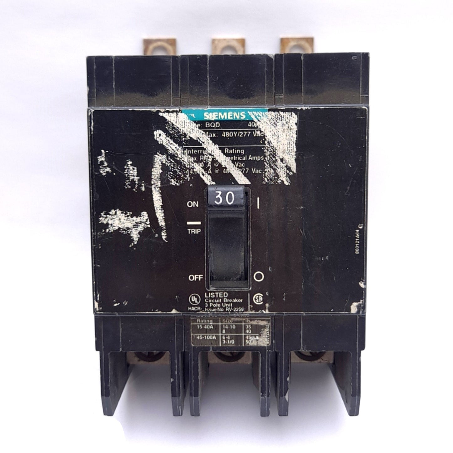 Used Siemens BQD330 Circuit Breaker, 3-Pole 30A, 480Y/277VAC, Thermal Magnetic