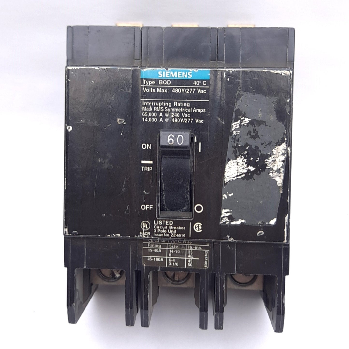 Used Siemens BQD360 Circuit Breaker, 3-Pole 60A, 480Y/277VAC, Thermal Magnetic