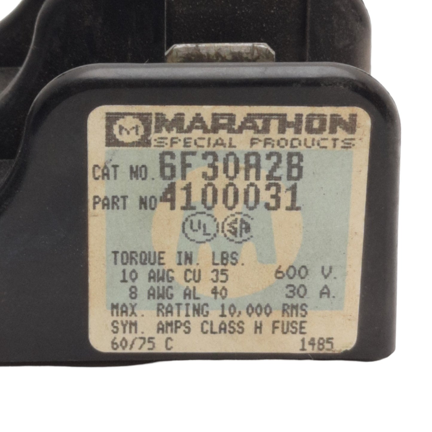 Used Marathon 6F30A2B 4100031 Fuse Holder Block, Type H & K, 600V 30A, 2-Pole
