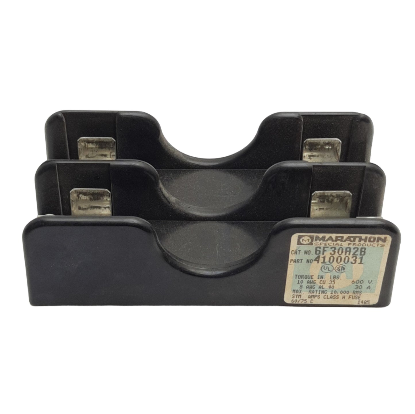 Used Marathon 6F30A2B 4100031 Fuse Holder Block, Type H & K, 600V 30A, 2-Pole