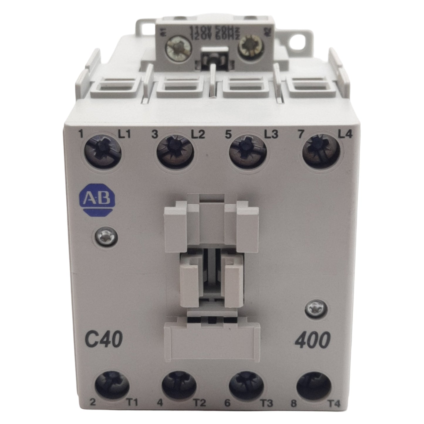 Used Allen Bradley 100-C40D400 Contactor, 4-Pole + 4N.O., 40A 600VAC, 110/120VAC Coil
