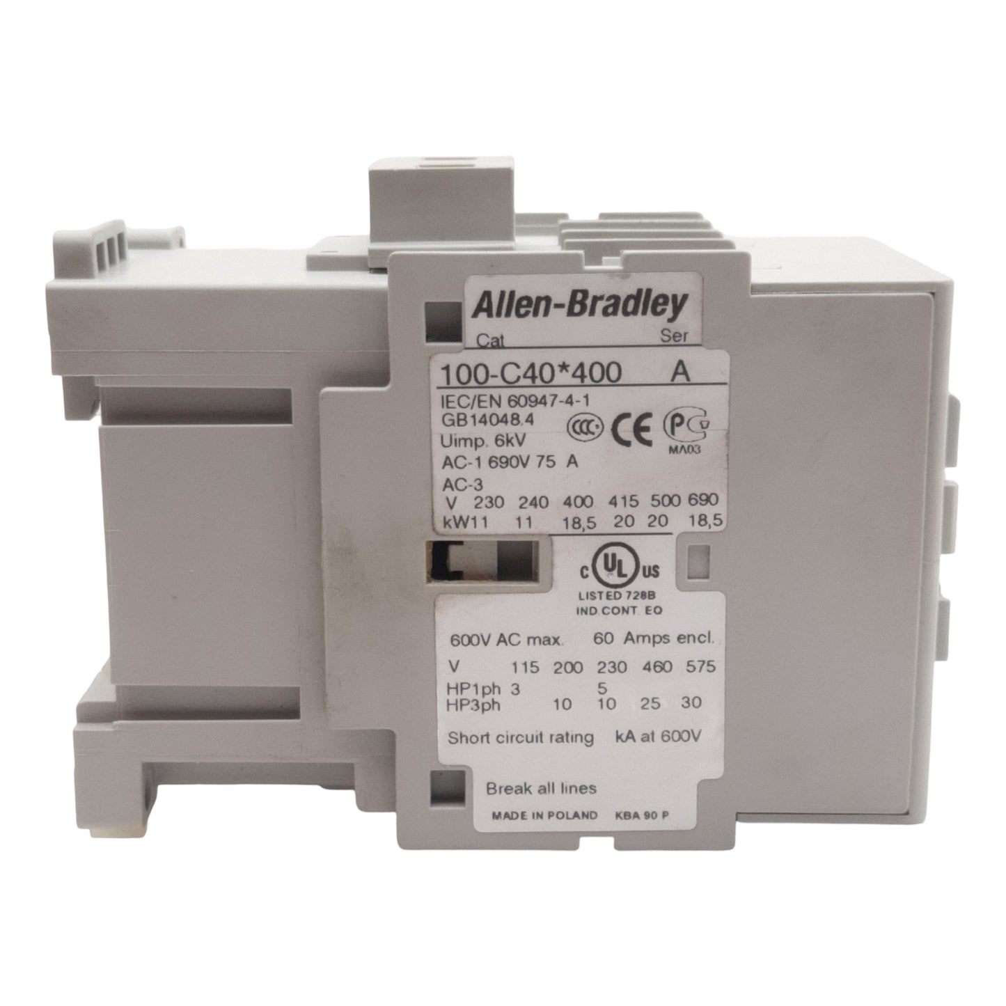Used Allen Bradley 100-C40D400 Contactor, 4-Pole + 4N.O., 40A 600VAC, 110/120VAC Coil