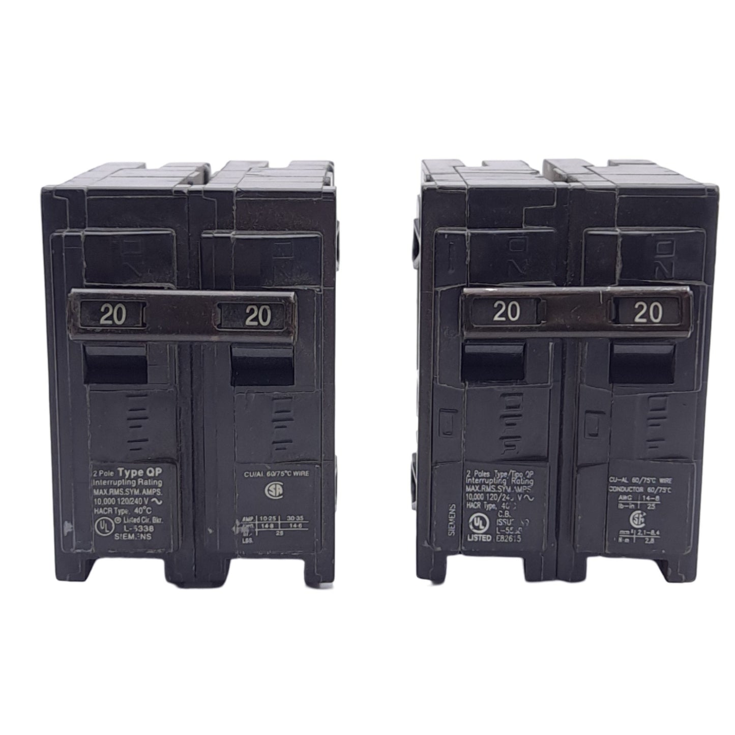 Used Lot of 2 Siemens Q220 Circuit Breakers, 2-Pole 20A, 120/240VAC