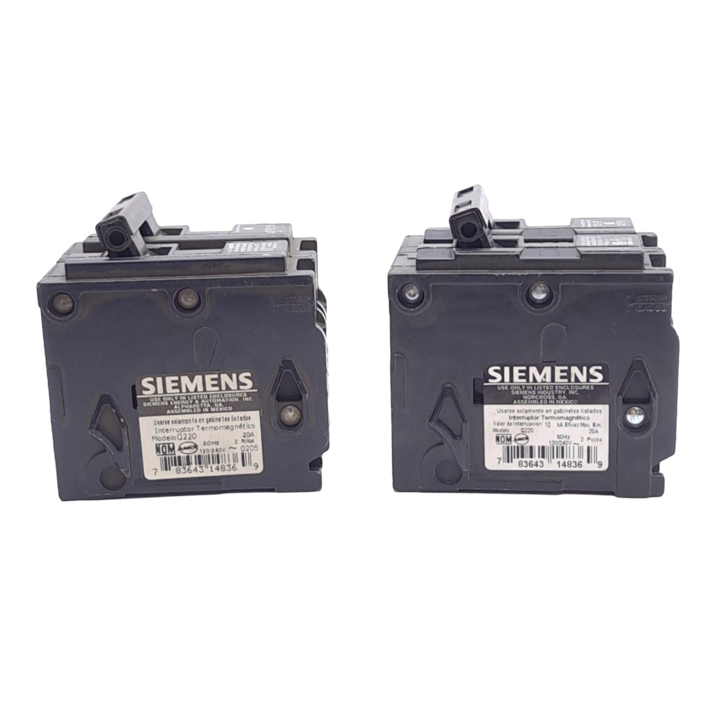 Used Lot of 2 Siemens Q220 Circuit Breakers, 2-Pole 20A, 120/240VAC