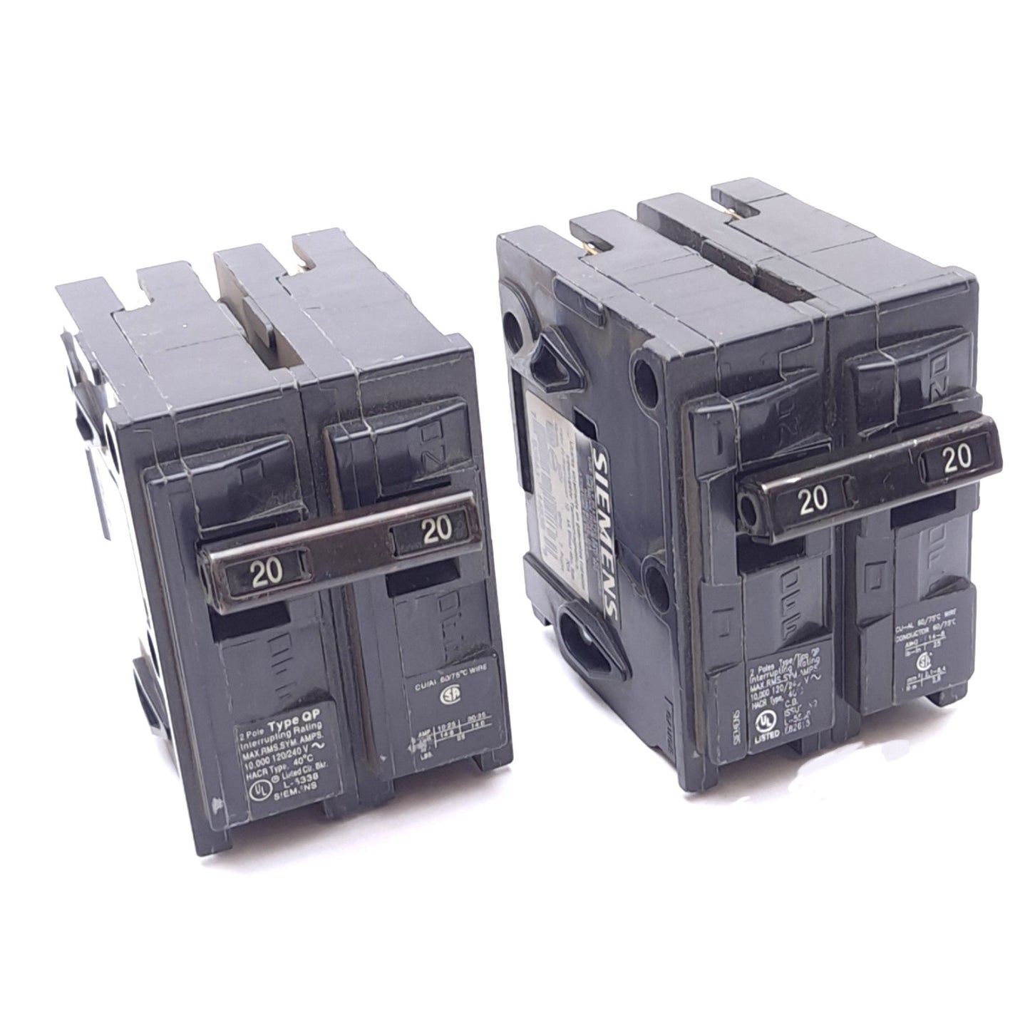 Used Lot of 2 Siemens Q220 Circuit Breakers, 2-Pole 20A, 120/240VAC