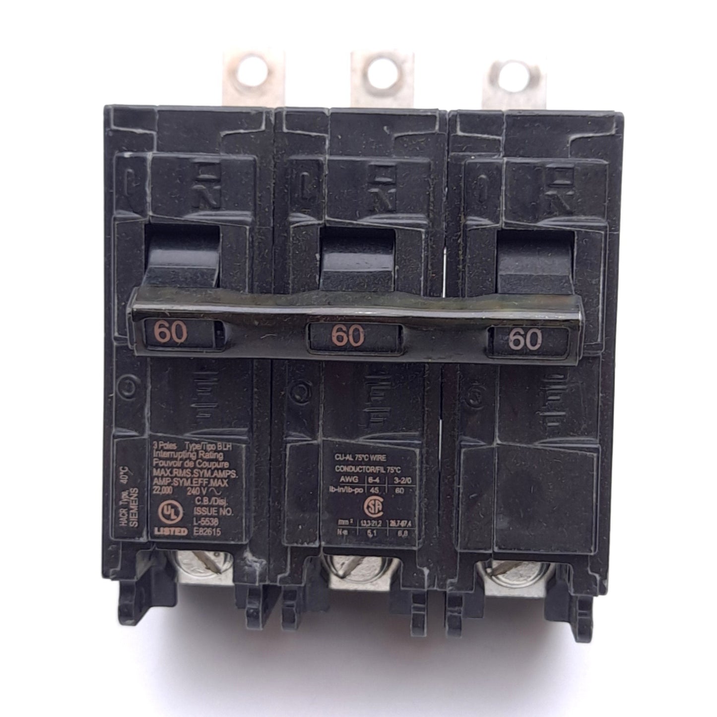 Used Siemens B360H Circuit Breaker, 3-Pole 60A, 240VAC 3-Phase, Thermal Magnetic