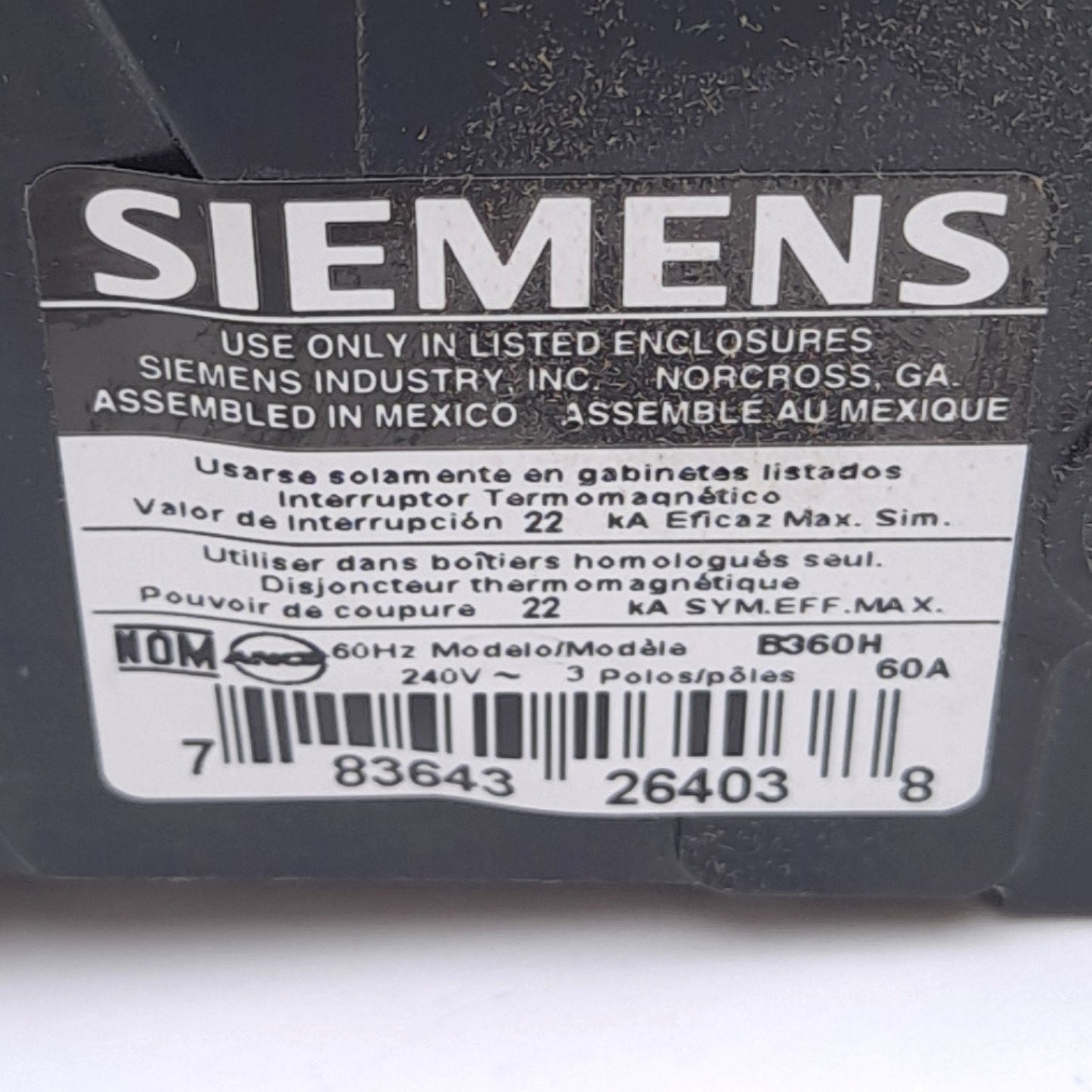 Used Siemens B360H Circuit Breaker, 3-Pole 60A, 240VAC 3-Phase, Thermal Magnetic