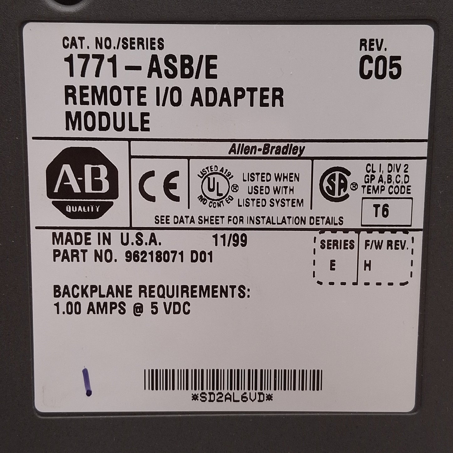 Used Allen Bradley 1771-ASB E Remote I/O Adapter Module, 32 Digital I/O, 5VDC 1A