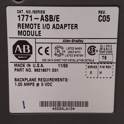 Used Allen Bradley 1771-ASB E Remote I/O Adapter Module, 32 Digital I/O, 5VDC 1A