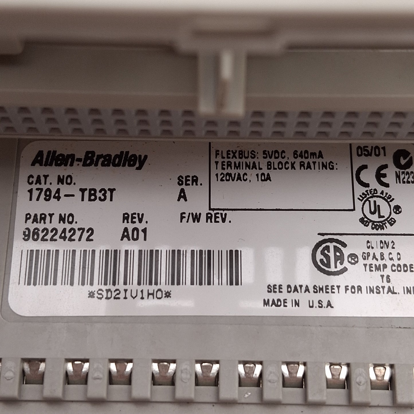 Used Allen Bradley 1794-TB3T Flex I/O Terminal Base, 16 I/O, 120VAC 10A, DIN Rail