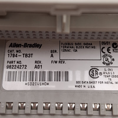 Used Allen Bradley 1794-TB3T Flex I/O Terminal Base, 16 I/O, 120VAC 10A, DIN Rail