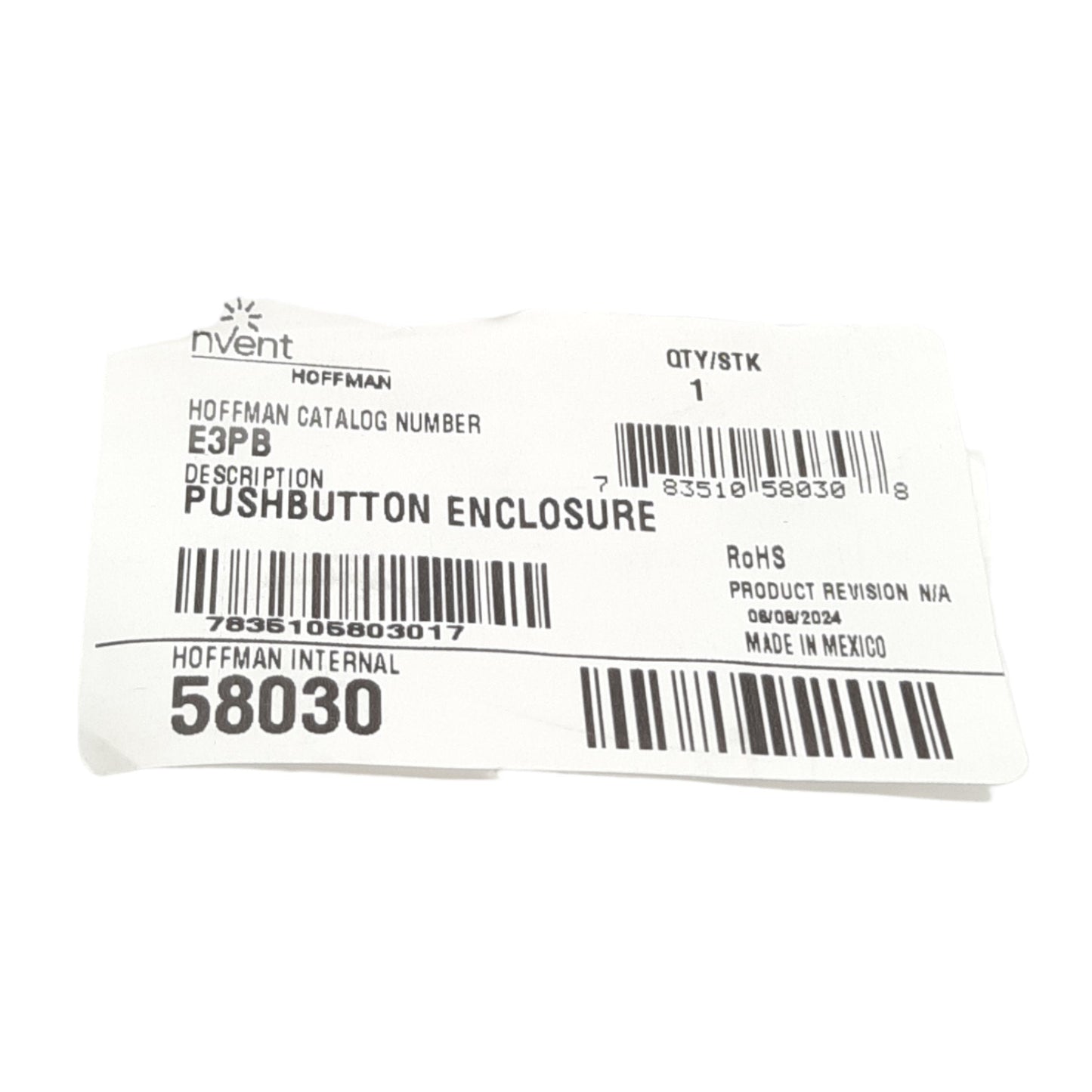 New nVent Hoffman E3PB Pushbutton Enclosure, 3-Hole, 8in x 3.25in x 2.75in