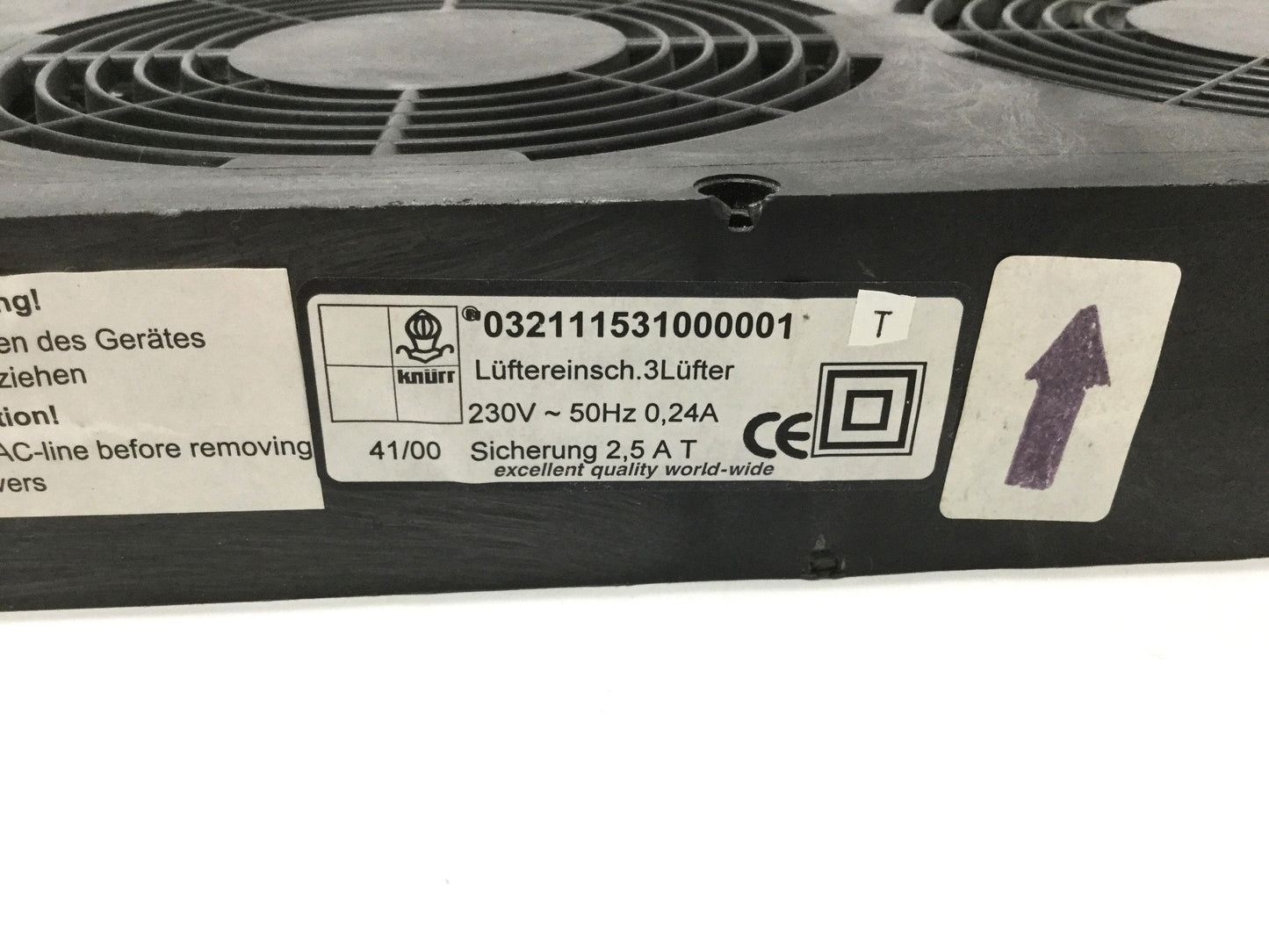 Used Knurr 032111531000001 3-Fan Cooling Module 230VAC 50Hz, 1U 19" Rack Mount