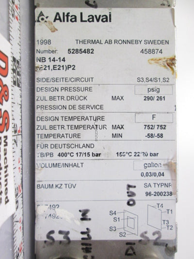 Used Alfa Laval 5285482 NB 14-14 (E21, E21)P2 Heat Exchanger -58° to 752°F 290PSI