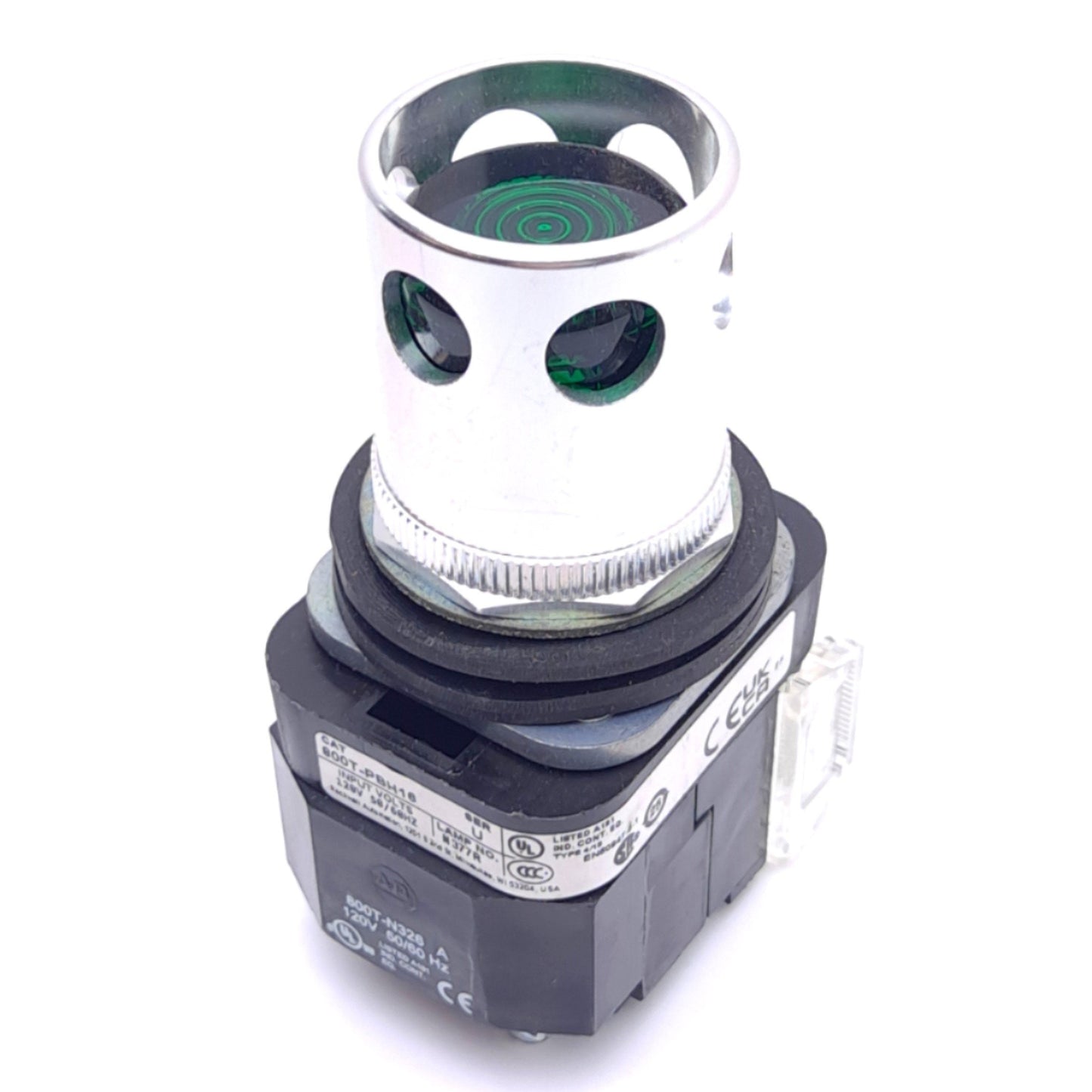 Used Allen Bradley 800T-PBH16G Pushbutton Switch w/ Guard, ø30mm,1NO 1NC, 600VAC 10A