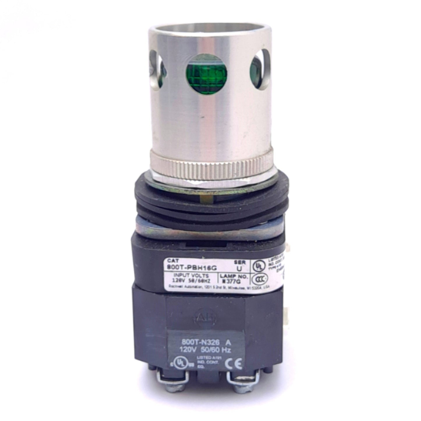 Used Allen Bradley 800T-PBH16G Pushbutton Switch w/ Guard, ø30mm,1NO 1NC, 600VAC 10A