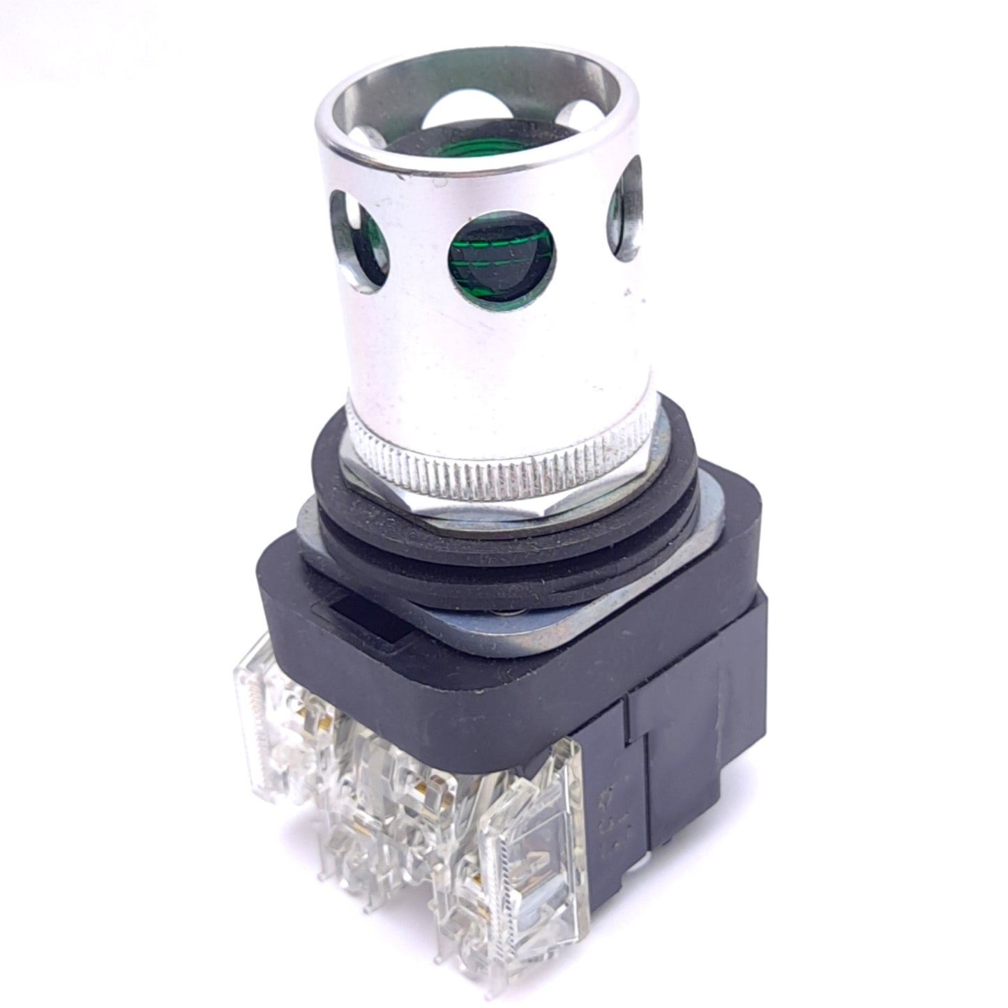 Used Allen Bradley 800T-PBH16G Pushbutton Switch w/ Guard, ø30mm,1NO 1NC, 600VAC 10A