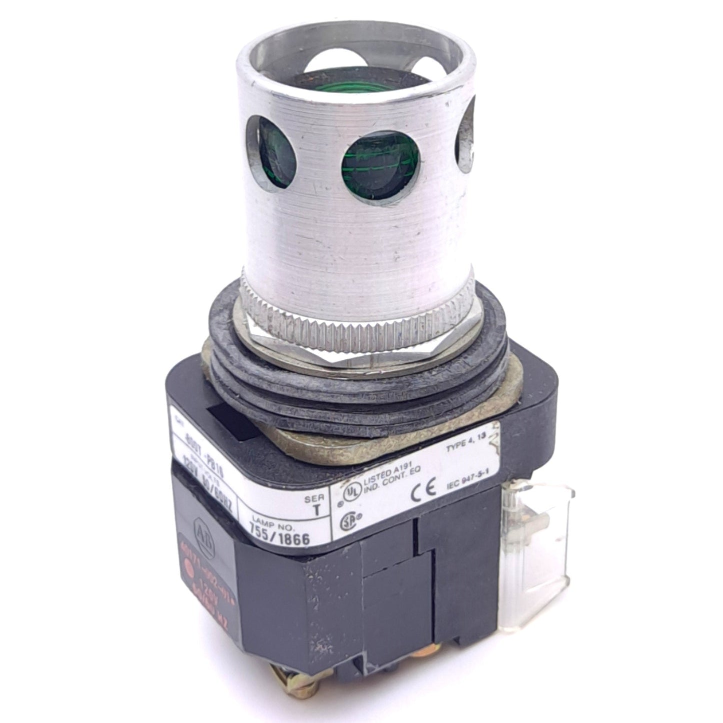 Used Allen Bradley 800T-PB16G Pushbutton Switch w/ Guard, ø30mm,1NO 1NC, 600VAC 10A