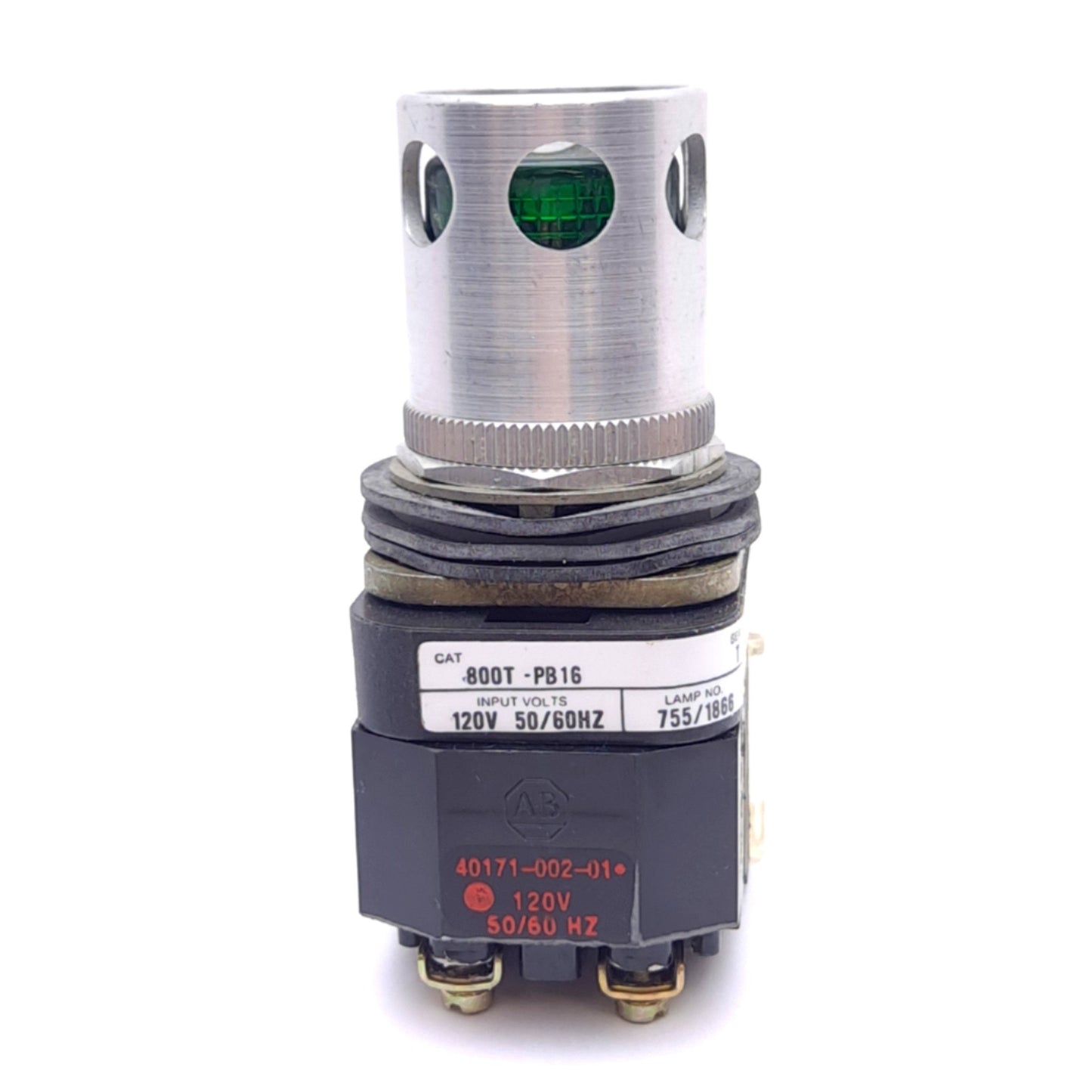 Used Allen Bradley 800T-PB16G Pushbutton Switch w/ Guard, ø30mm,1NO 1NC, 600VAC 10A