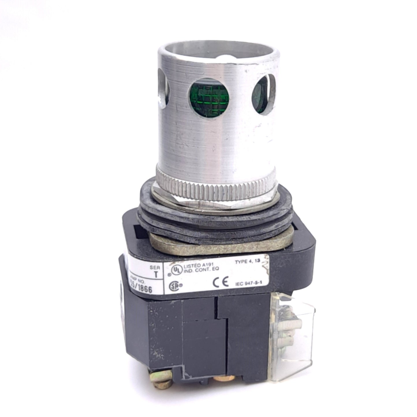 Used Allen Bradley 800T-PB16G Pushbutton Switch w/ Guard, ø30mm,1NO 1NC, 600VAC 10A