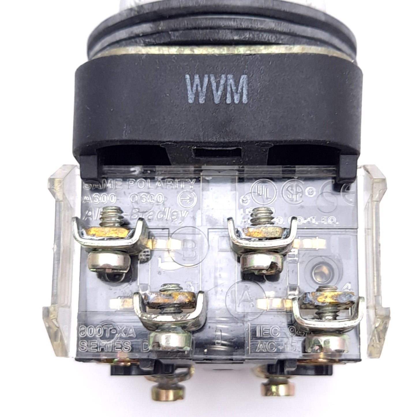 Used Allen Bradley 800T-PB16G Pushbutton Switch w/ Guard, ø30mm,1NO 1NC, 600VAC 10A