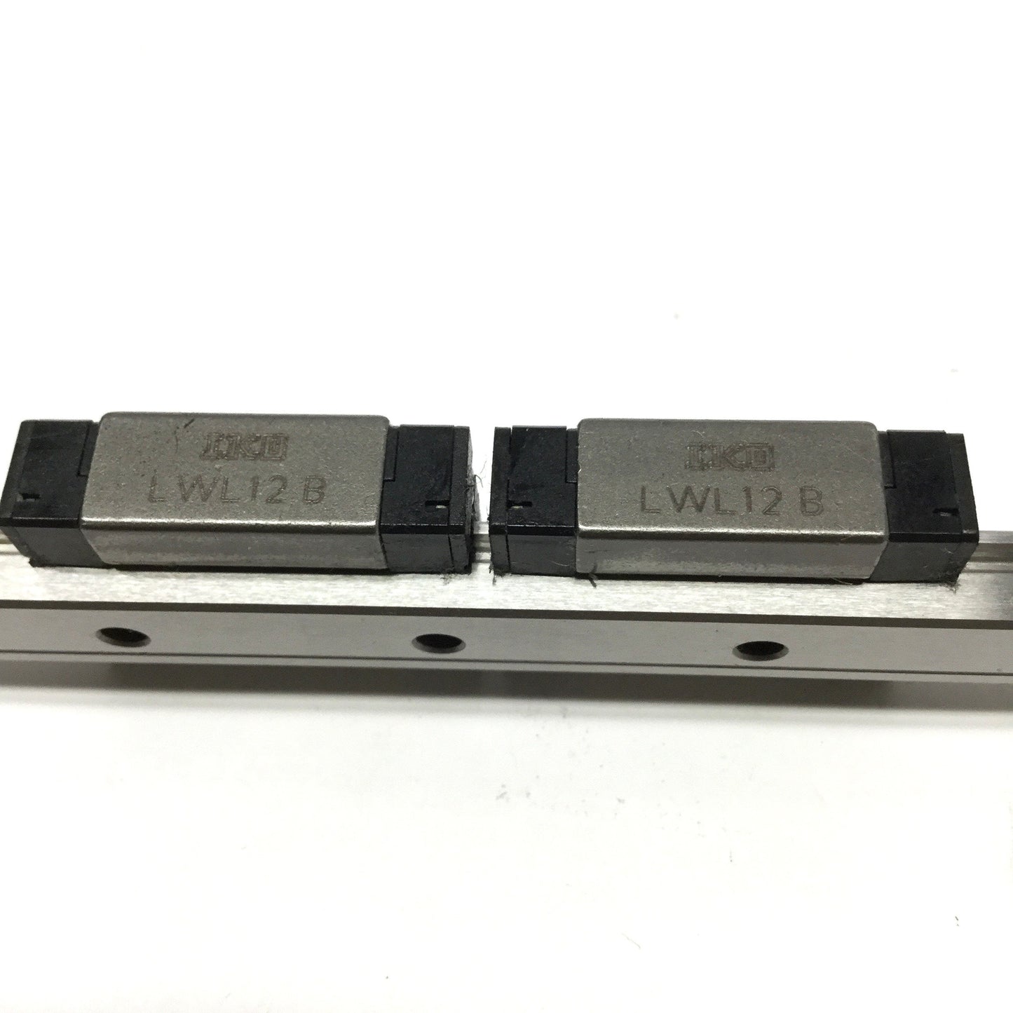 Used IKO LWL12B Ball Bearing Slide Carriage Blocks (x2) on 475mm Linear Guide Rail