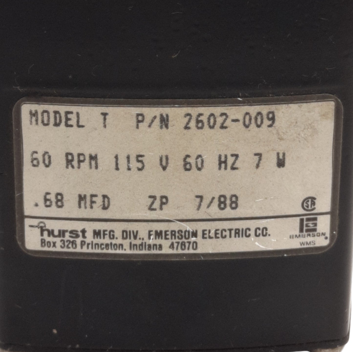 Used Hurst Model T 2602-009 Synchronous AC Gearmotor 115VAC, Shaft: 0.25", 60RPM