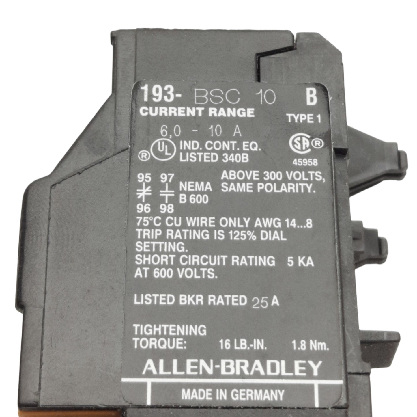 Used Allen Bradley 193-BSC 15 Overload Relay, 1NO/1NC, 6-16A Range, 660/600V