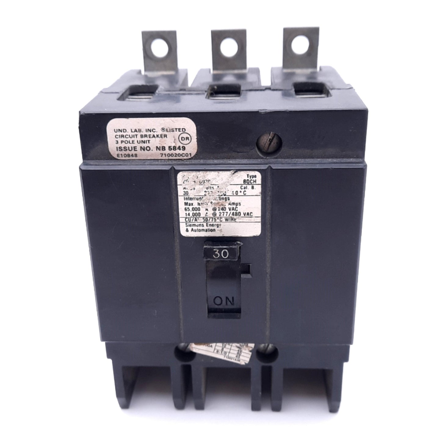 Used Siemens BQCH3B030 Circuit Breaker, 3-Pole, 30A, 277Y/480VAC, Thermal Magnetic