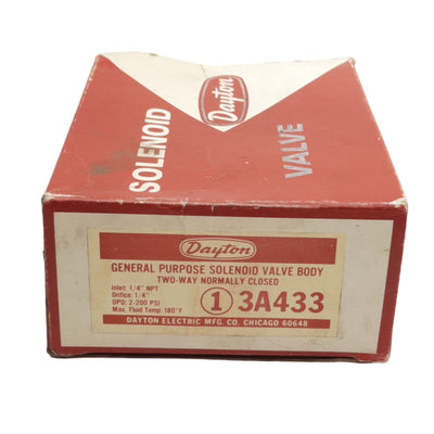 New Dayton 3A433 008042 Solenoid Valve, 2-Way Normally Closed, 1/4in NPT, 2-200psi