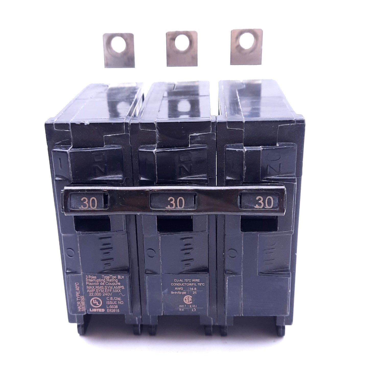 Used Siemens B330H Circuit Breaker, 3-Pole, 30A, 240VAC, Thermal Magnetic