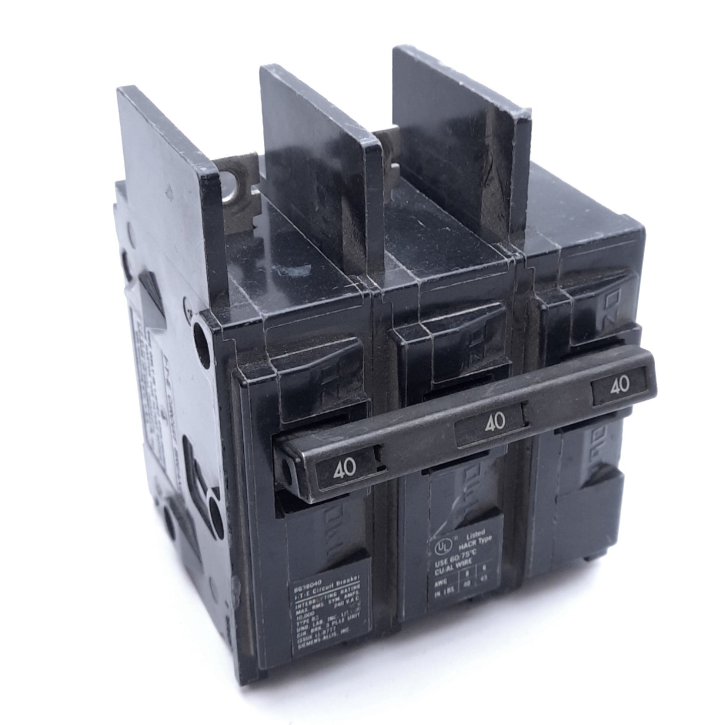 Used Siemens BQ3B040 Circuit Breaker, 3-Pole, 40A, 120/240VAC, Thermal Magnetic