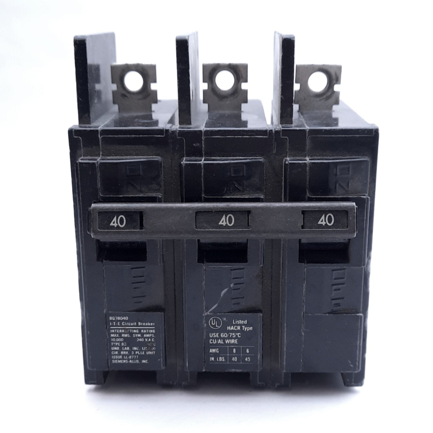Used Siemens BQ3B040 Circuit Breaker, 3-Pole, 40A, 120/240VAC, Thermal Magnetic