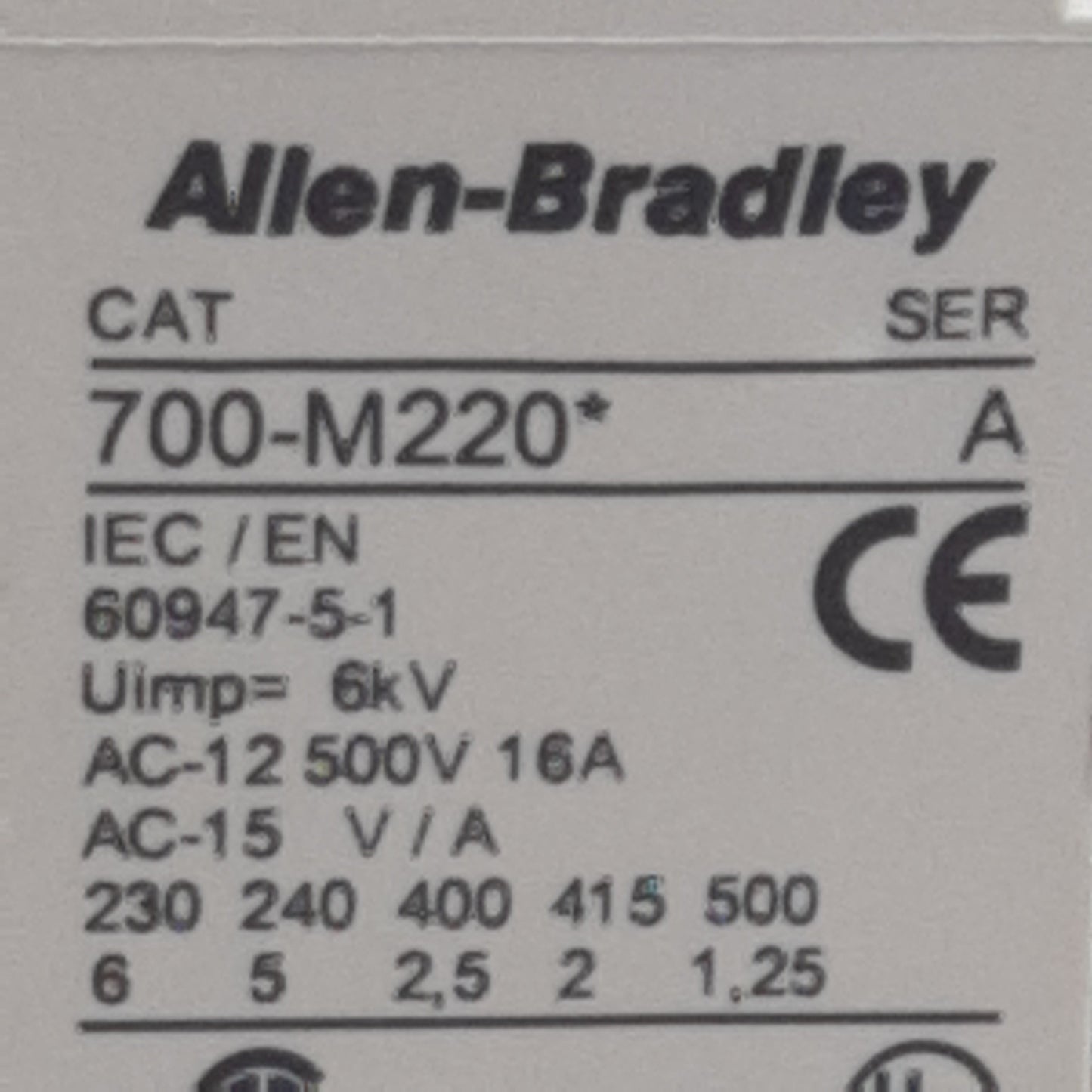 Used Allen Bradley 700-M220A1 Control Relay, 4P, 500VAC 16A 2NO+2NC, 110-120VAC Coil