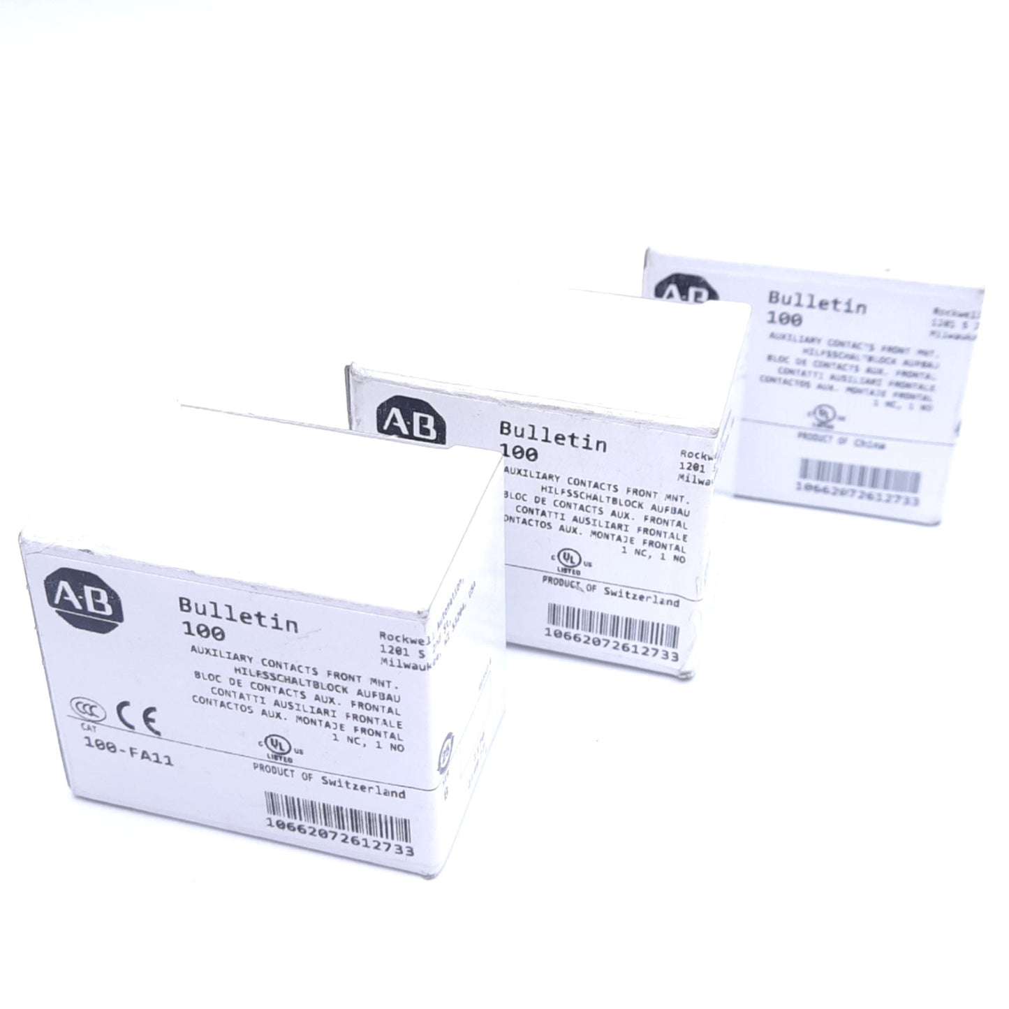 New Lot of 3 Allen Bradley 100-FA11 Auxiliary Contact Blocks, DPST 1NC 1NO, 10A