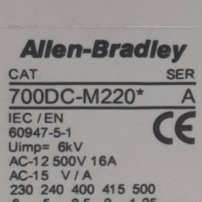 Used Allen Bradley 700DC-M220Z24 Control Relay, 4-P, 500VAC 16A 2NO + 2NC, 24VDC Coil