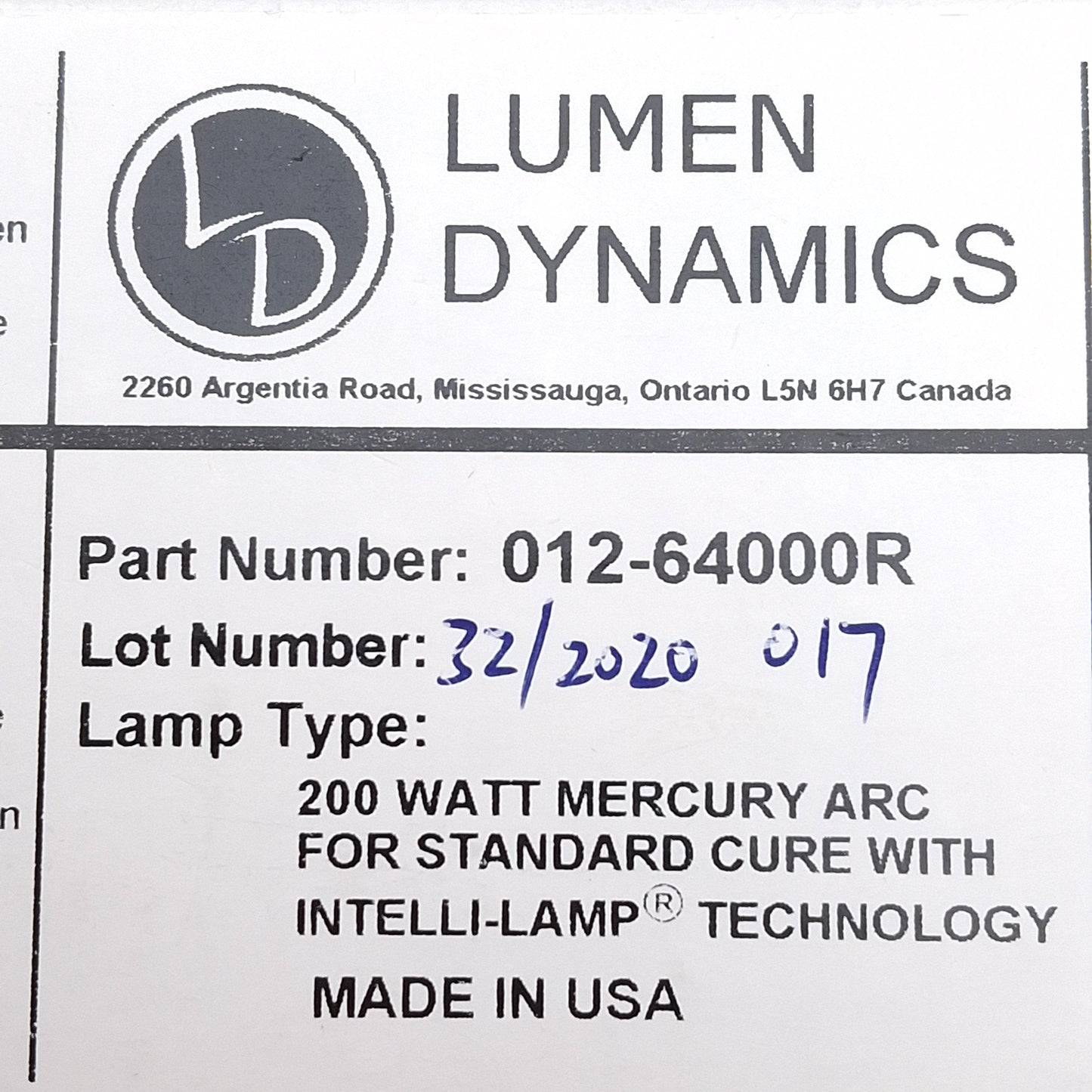 Used Lumen Dynamics 012-64000R 200 Watt UV Arc Bulb With Intelli-Lamp Technology