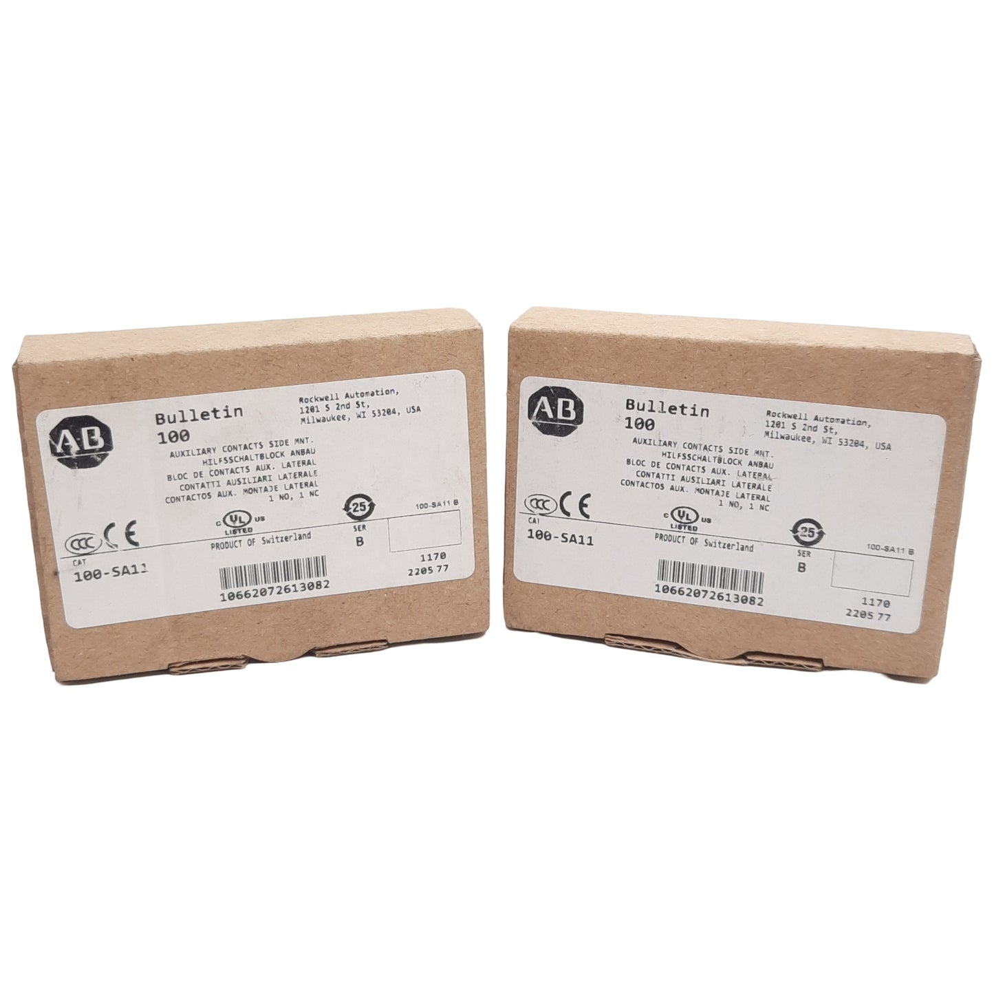 New Lot of 2 Allen Bradley 100-SA11 Auxiliary Contact Block, 2P 1NO + 1NC 600VAC 10A