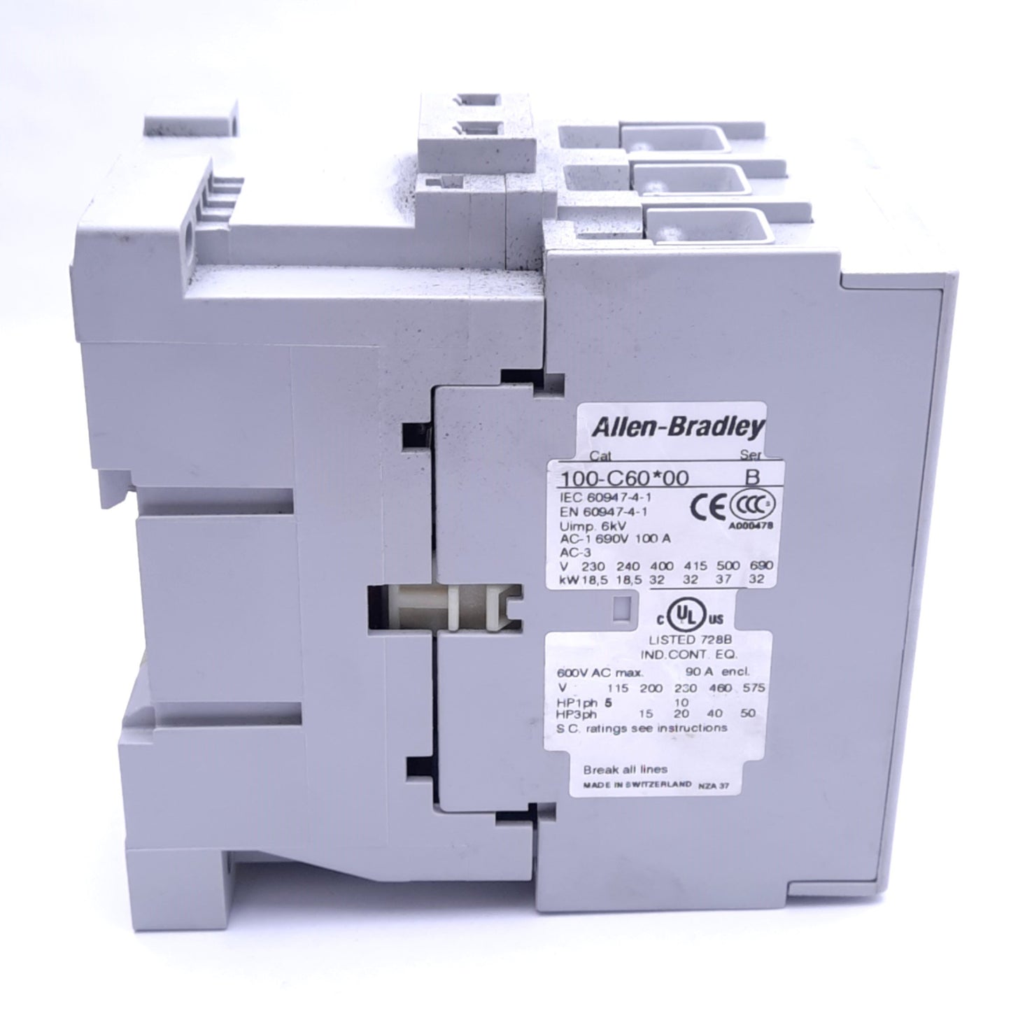 Used Allen Bradley 100-C60D00 Contactor, 3-Pole, 60A 460VAC 3-Phase, 110/120VAC Coil