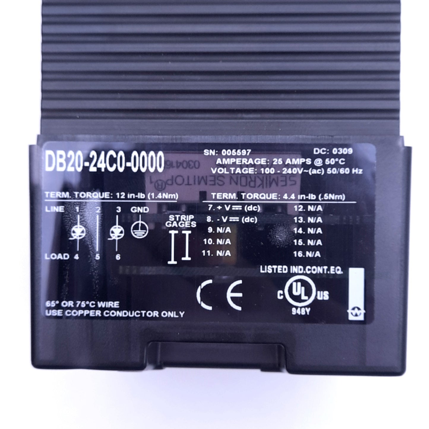 Used Watlow DB20-24C0-0000 DIN-A-MITE Power Controller, 100-240VAC 25A, 3-Phase