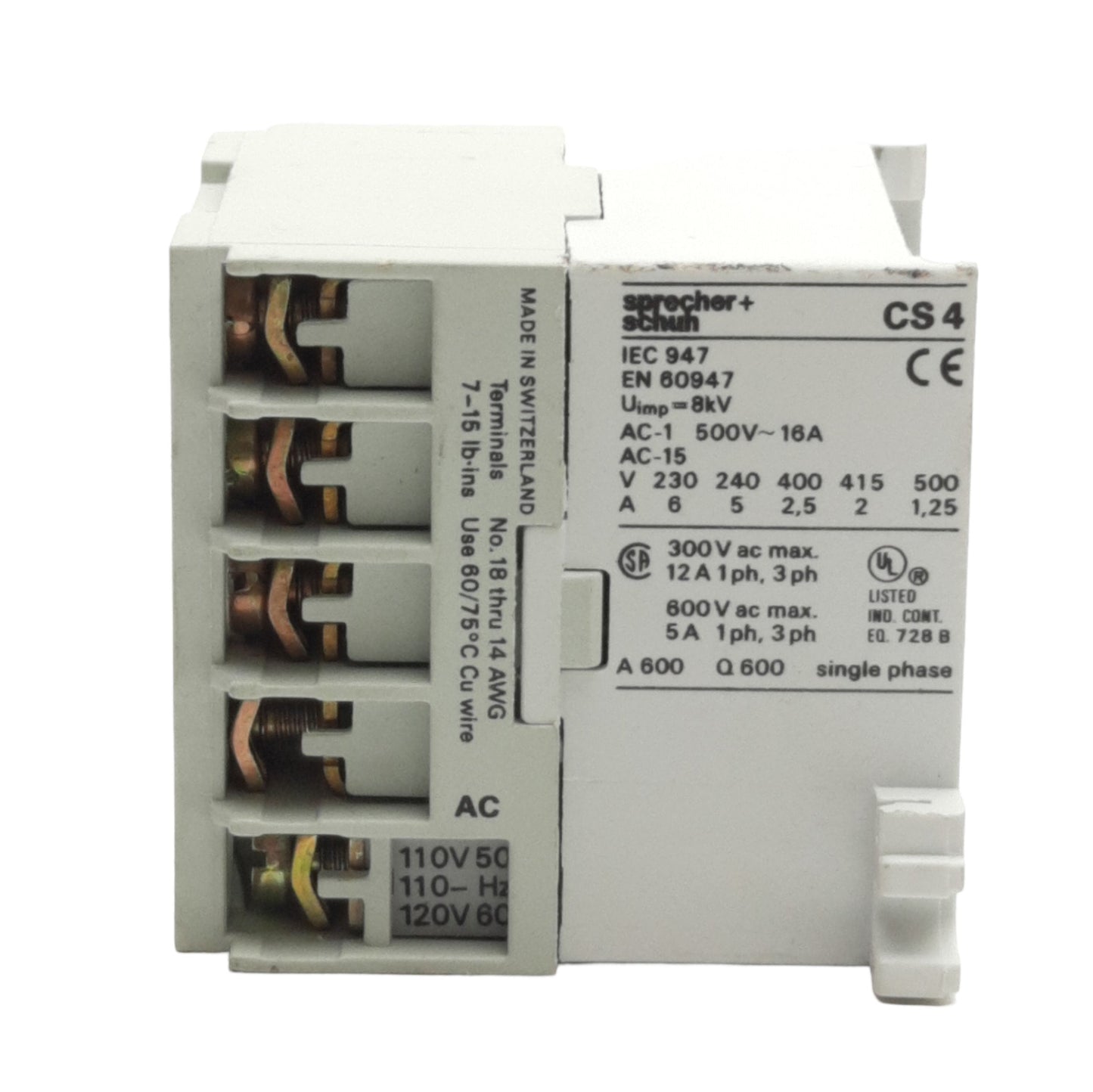 Used Sprecher & Schuh CS4-31Z-120 Relay Module, 3NO + 1NC 500VAC 16A, 120VAC Coil