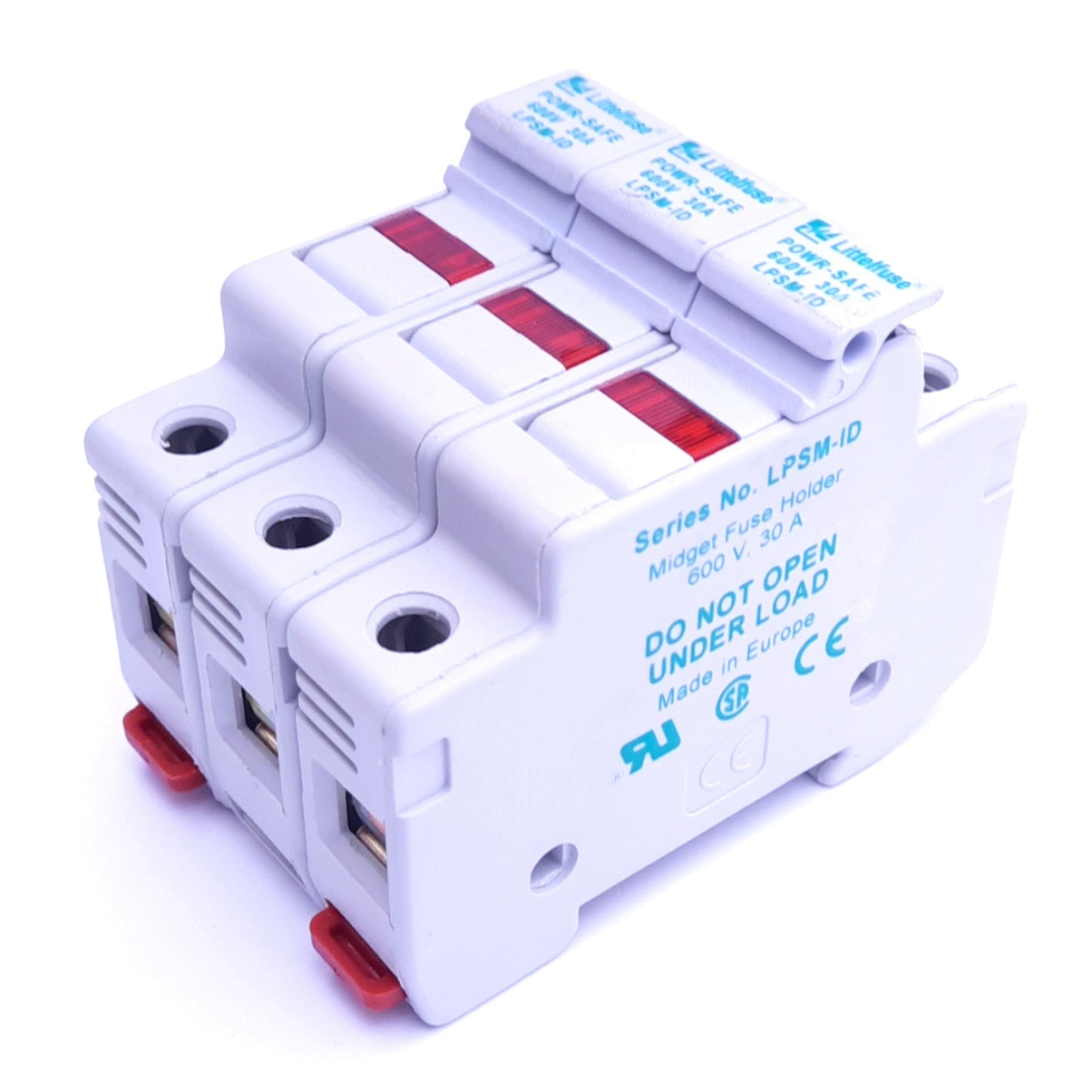 Used Littelfuse LPSM003ID Indicating Midget Fuse Holder, 3-Pole, 600V 30A, DIN Rail