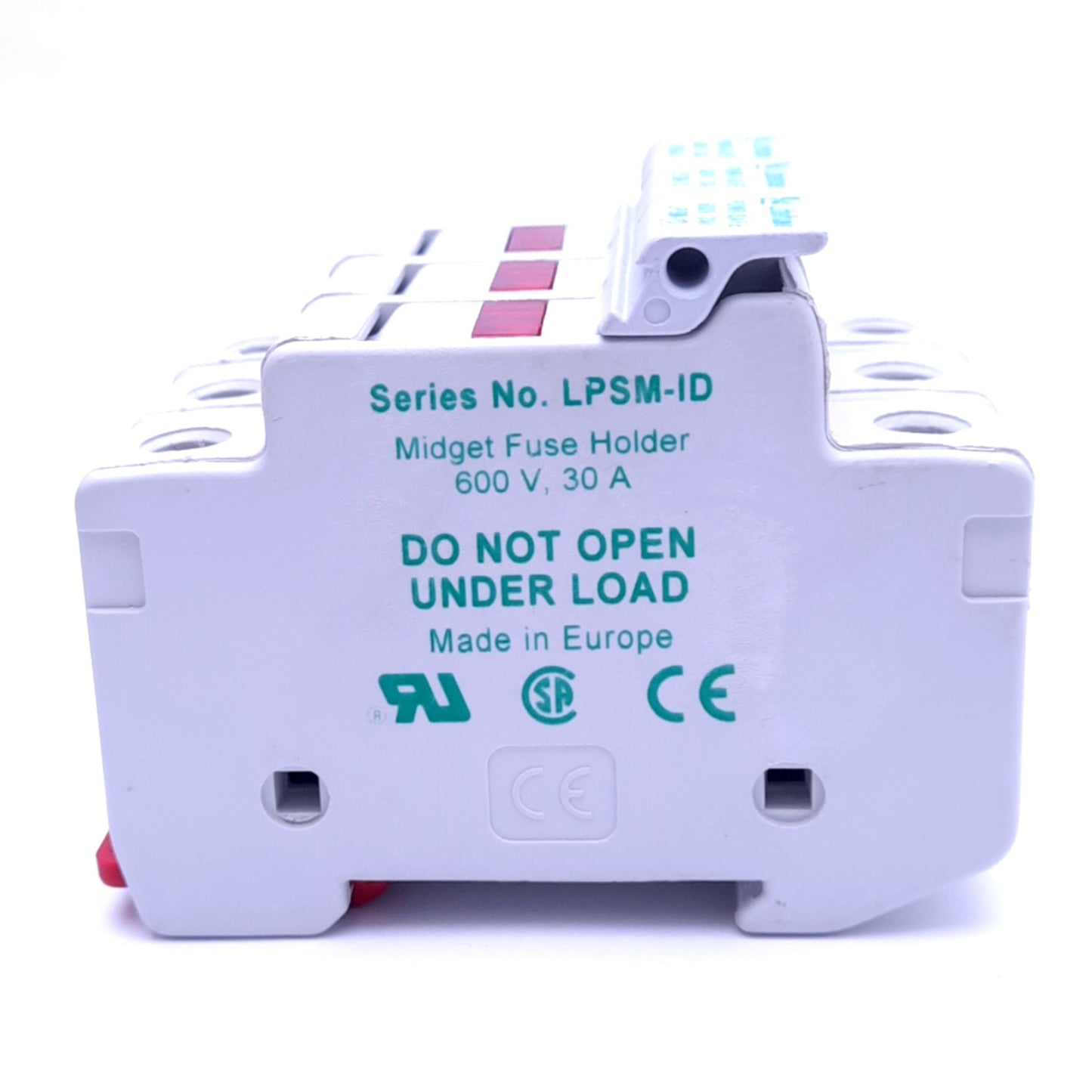 Used Littelfuse LPSM003ID Indicating Midget Fuse Holder, 3-Pole, 600V 30A, DIN Rail