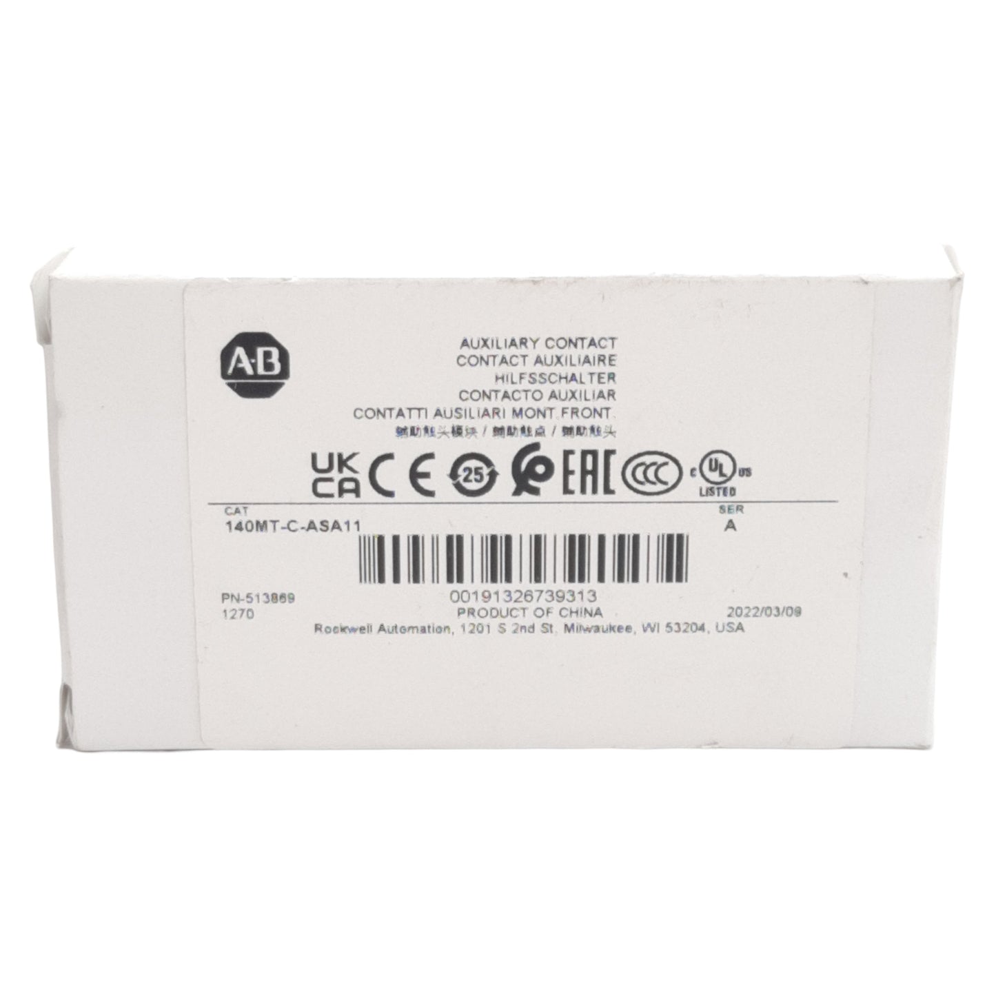 New Allen Bradley 140MT-C-ASA11 Auxiliary Contact Block, 2-Pole, 1NO 1NC, 10A 600VAC